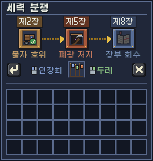세력 분쟁 화면. 물자 호위, 폐광 저지, 장부 회수 세 사건이 이어져 있다