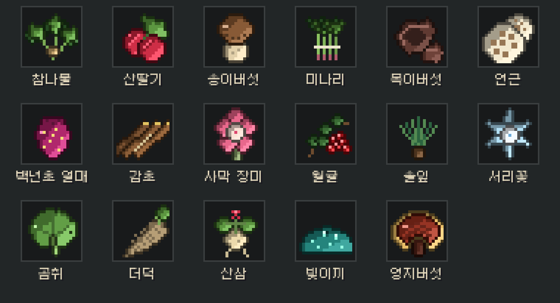 참나물, 산딸기, 송이버섯부터 산삼, 빛이끼, 영지버섯까지 채집물 열일곱 가지 아이콘