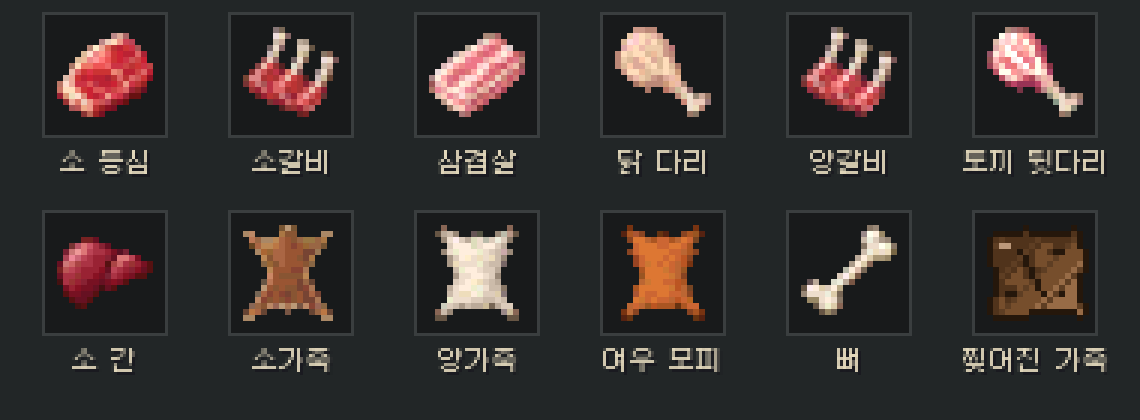 소 등심, 소갈비, 삼겹살, 닭 다리, 소가죽, 뼈 같은 도축 부위 아이콘