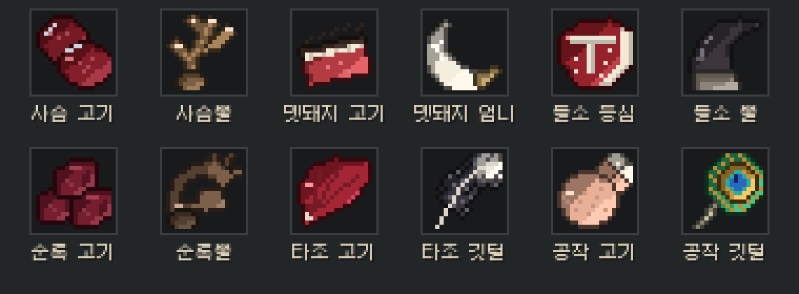 사슴 고기, 사슴뿔, 멧돼지 엄니, 들소 뿔, 타조 깃털, 공작 깃털 같은 특산 사냥감 부위 아이콘